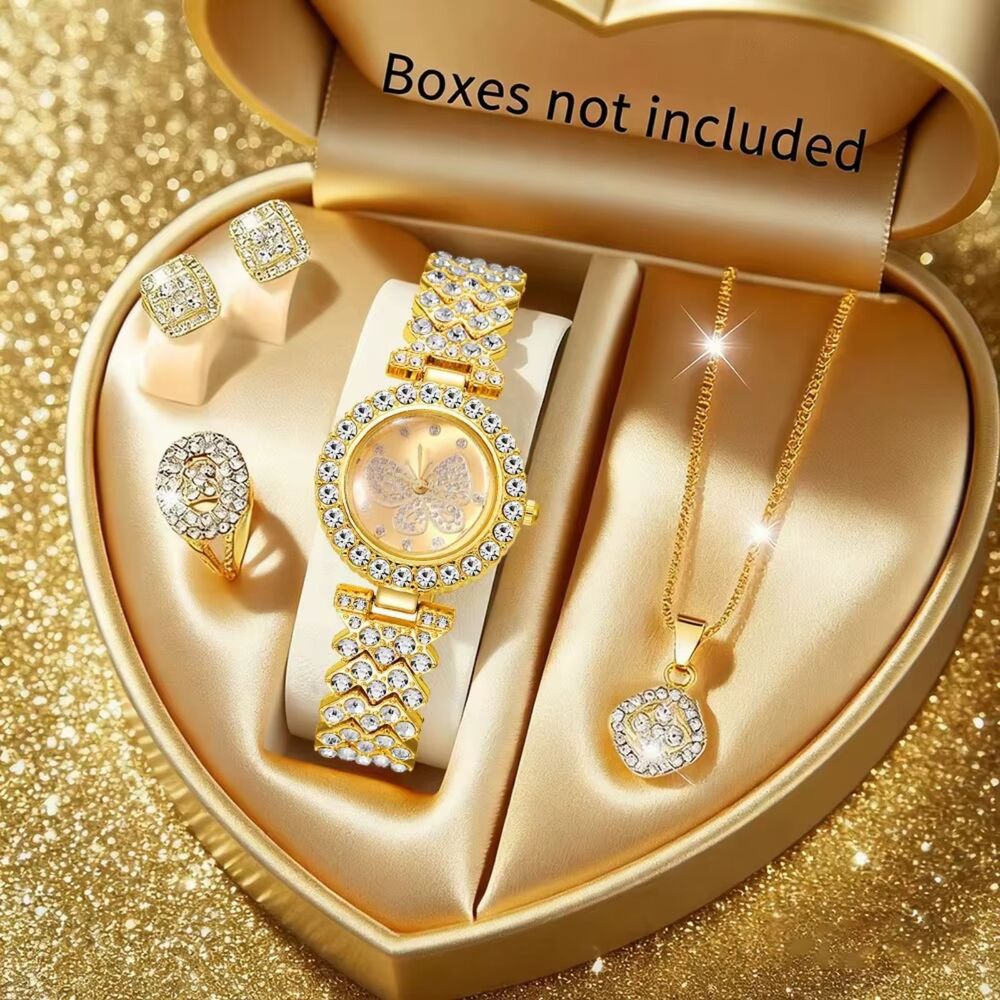 5pc Luxury Rhinestone Women’s Quartz Watch & Bracelet Jewelry Set - Valentines